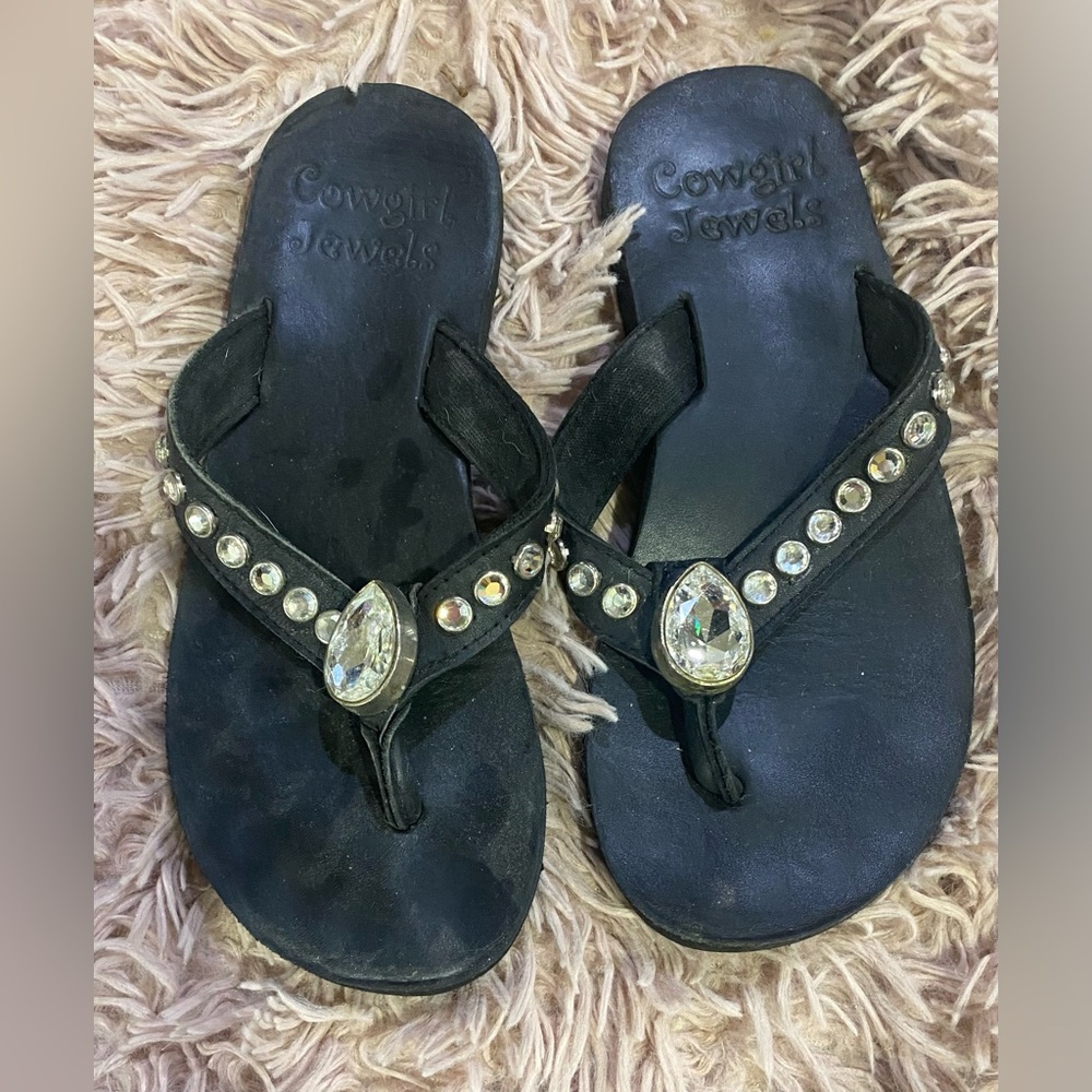 Cowgirl Jewels Black Leather Flip Flops Clear Rhinestones Women’s Size 6